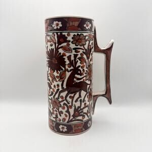 Vintage Ikaros Pottery Stein Mug Rhodes Greece Handpainted Deer Floral Motif 8"